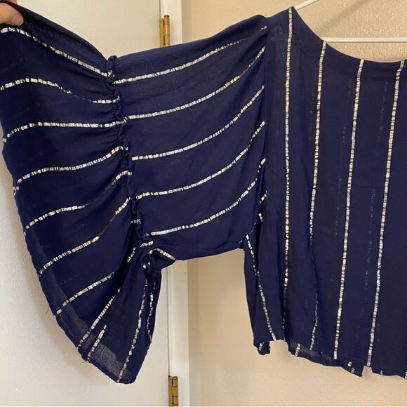 Anthropologie Floreat Navy Blue festival semi sheer Blouse Top fairy Bell L - Picture 4 of 8